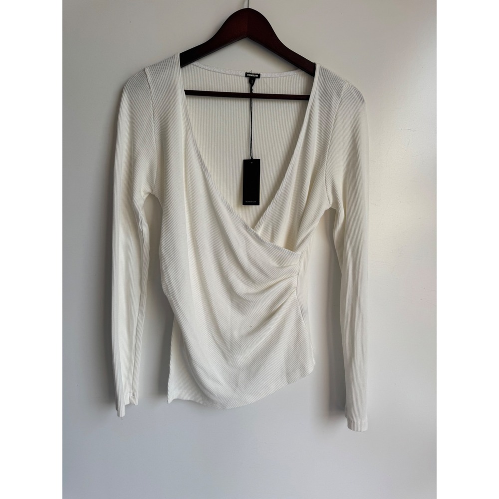 Monrow White Ribbed Surplice Long Sleeve Wrap Top Made in USA Women Medium NEW